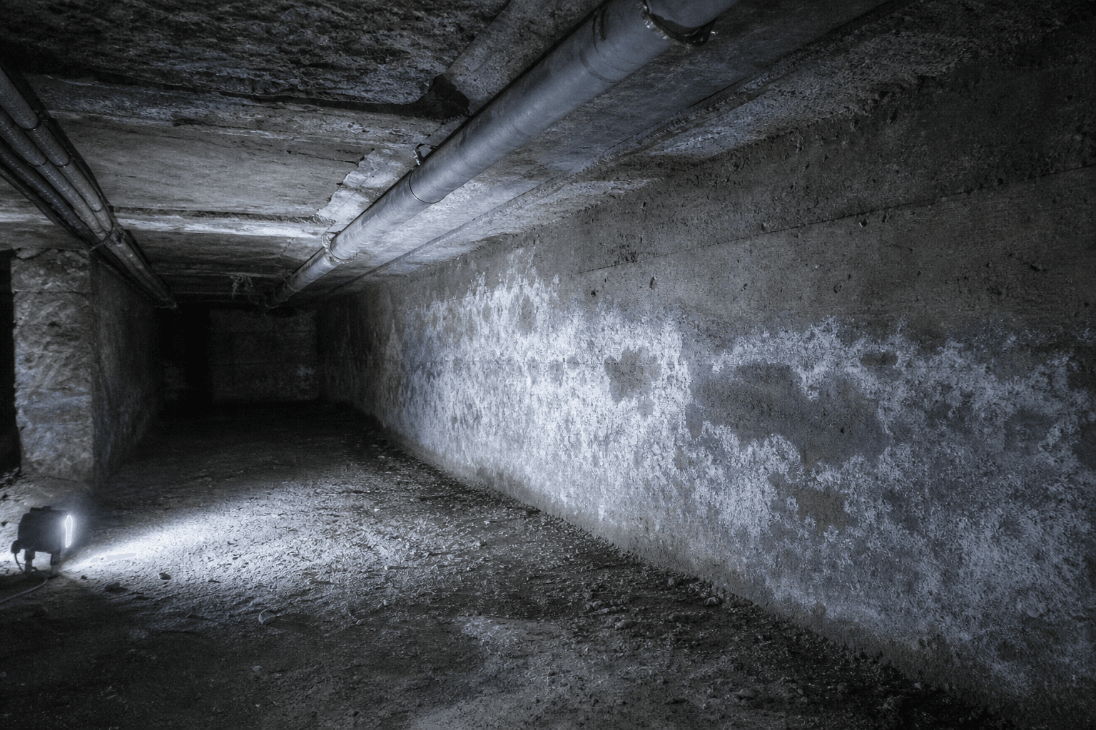 Vide sanitaire éclairé par une lampe de chantier, tache d'humidité sur le mur